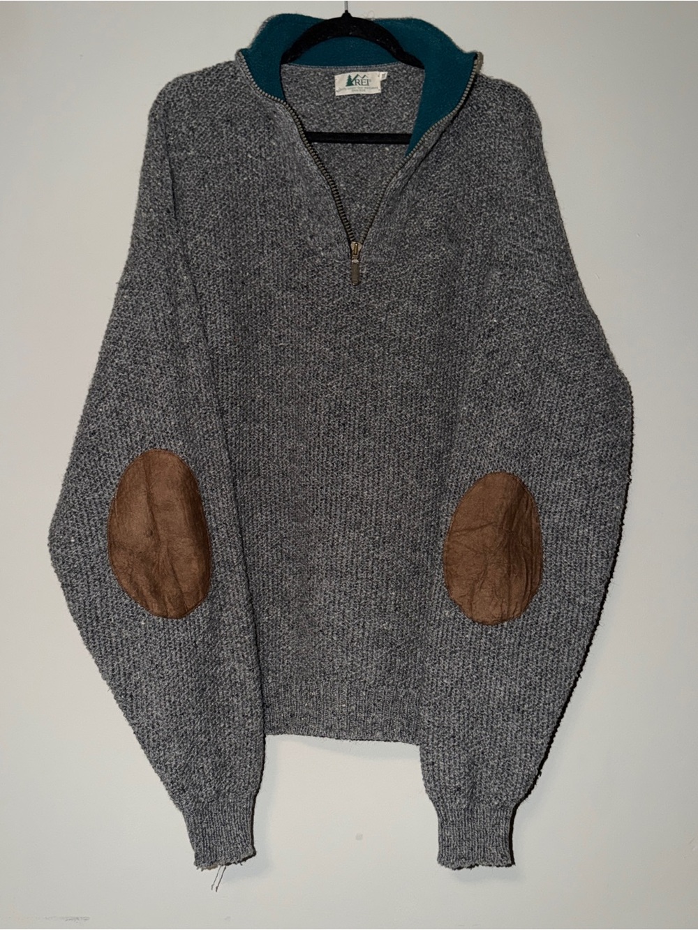 REI grey quarter zip sweater with leather elbow patches vintage, has pockets